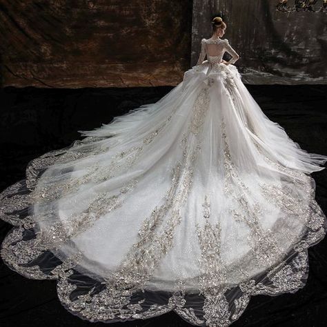 Medieval Wedding Dress Princesses, Cascading Ruffles Wedding Dress, Cathedral Length Wedding Dress, Royal Train, Big Wedding Dresses, Long Train Wedding Dress, Royal Wedding Dress, Ruffle Wedding Dress, Pretty Wedding Dresses