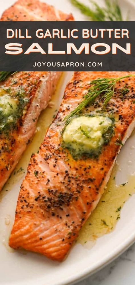 Pan seared salmon seasoned with garlic dill butter compound. A simple and flavorful salmon dinner ready quickly under 15 minutes! Roasted Dill Salmon, Salmon And Dill Sauce, Dill Salmon Recipes Baked, Dill Butter Salmon, Herb Butter For Salmon, Salmon And Dill Recipes, Salmon Recipes With Dill, Creamy Dill Salmon, Baked Salmon With Dill