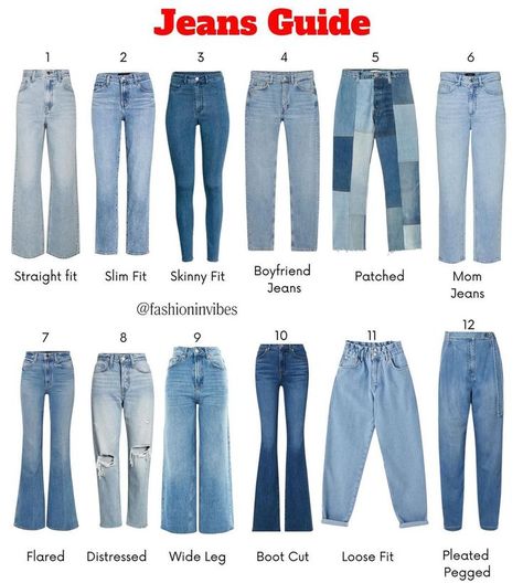 By: @fashion.selection on IG Jeans Names Women, Types Of Bottom Wear For Women, Different Jeans Name, The Best Jeans For Women, Types Of Jeans Style, Jeans Name For Women, Jean Types Chart, Different Jeans Styles For Women, Jean Types