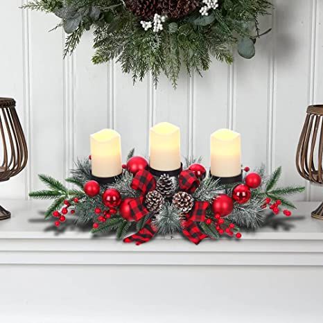 Amazon.com: Christmas Table Centerpieces Decorations, 21 Inch Candelabrum with 3 Glass Candle Holders Designed Red Plaid Ribbon, Artificial Red Berries and Snowy Pine Cones for Dining Room Table, Fireplace Mantel : Home & Kitchen Christmas Candle Holders Centerpieces, Christmas Decor Table Centerpieces, Christmas Dining Table Decorations, Gold Charger Plates, Golden Berries, Dining Table Decorations, Christmas Candle Centerpiece, Table Fireplace, Christmas Dining Table Decor