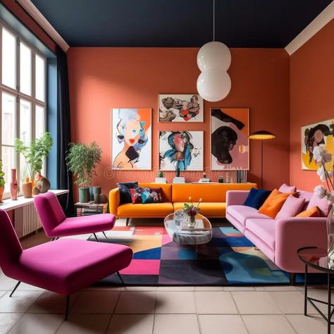 Beautiful Interior of modern living room with peach walls, orange sofa and pink armchairs, big windows. Luxury interior design of. Illustration about apartment, pillow - 280966377 Pop Of Orange Living Room, Blue Orange And Pink Living Room, Purple And Orange Living Room, Pink Orange Living Room, Pink And Orange Living Room, Peach Living Room, Blue And Orange Living Room, Living Room Designs Modern Luxury, Orange Lounge