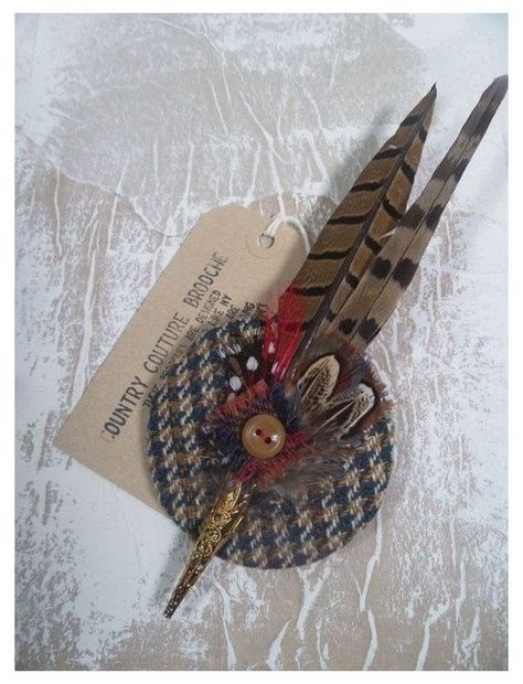 Tweed Brooch, Tartan Crafts, Scottish Tweed, Fabric Flower Pins, Feather Brooch, Fabric Flower Brooch, Fabric Brooch, Brooch Diy, Pheasant Feathers