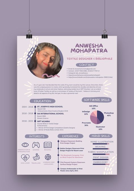 Creative Resume projects | Photos, videos, logos, illustrations and branding on Behance Resume Soft Skills, Unique Resume Design, Cv Skills, Graphic Designer Resume Template, Resume Design Inspiration, Cv Ideas, Cv Portfolio, Artist Resume, Visual Resume