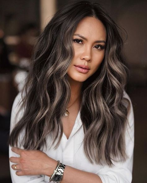 Face-Framing Ash Brown Highlights on Black Hair Natural Ash Brown Hair, Ashy Brown, Light Ash Brown Hair, Dark Black Hair, Long Hair Highlights, Gray Balayage, Ash Brown Hair Color, Mushroom Hair, Black Hair Balayage