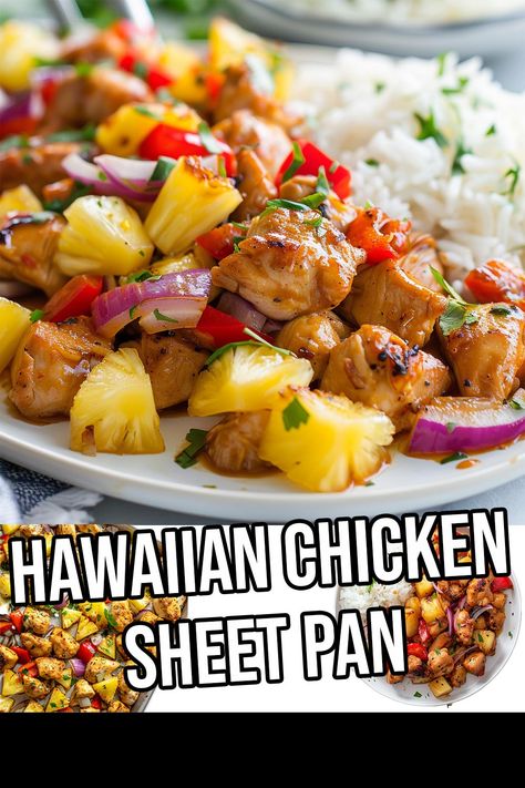 Hawaiian Chicken Sheet Pan - Yeyfood.com: Recipes, cooking tips, and kitchen hacks for home cooks of all levels Essen, Hawaiian Sheet Pan Chicken, Easy Chicken Lunch Recipes, Pan Sheet Dinners, Healthy Eating Recipes For Dinner Easy, Sheetpan Dinner Recipes, Easy Cheap Dinners For Two, Chicken And Pineapple Recipes, Chicken And Pepper Recipes