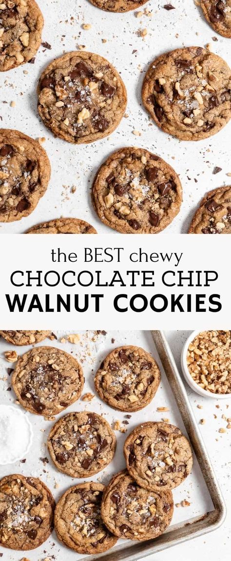 The BEST Chocolate Chip Walnut Cookies recipe that you’ll ever try is super simple to make and so delicious. The cookies have chewy centers with slightly crisp edges and are loaded with chocolate and walnuts. #chocolatechipwalnutcookies #chocolatechipcookies #cookierecipes #chocolatecookies #walnutcookies #bakedambrosia | bakedambrosia.com Walnut Cookies Recipe, Walnut Dessert, Walnut Cookie Recipes, Chocolate Chip Walnut Cookies, Walnut Recipes, Best Chocolate Chip, Fav Food, Walnut Cookies, Choco Chips