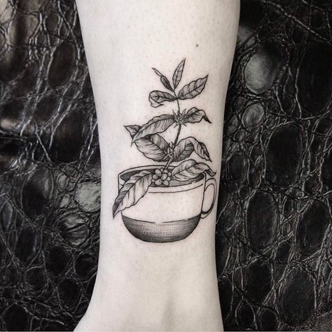 Black and grey coffee plant tattoo Black And White Plant Tattoo, Coffee Related Tattoos, Black Plant Tattoo, Plant Tattoo Shoulder, Coffee Tree Tattoo, Coffee Branch Tattoo, Plant Tatoos, Coffee Lover Tattoo, Coffee Bean Tattoo