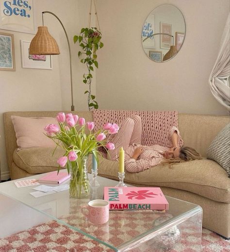 Pink College Apartment Living Room, Eclectic Pink Living Room, Pastel Danish Apartment, Girl Appartement, Feminine Apartment Aesthetic, Household Quotes, Front Door Portico, Door Portico, Portico Designs