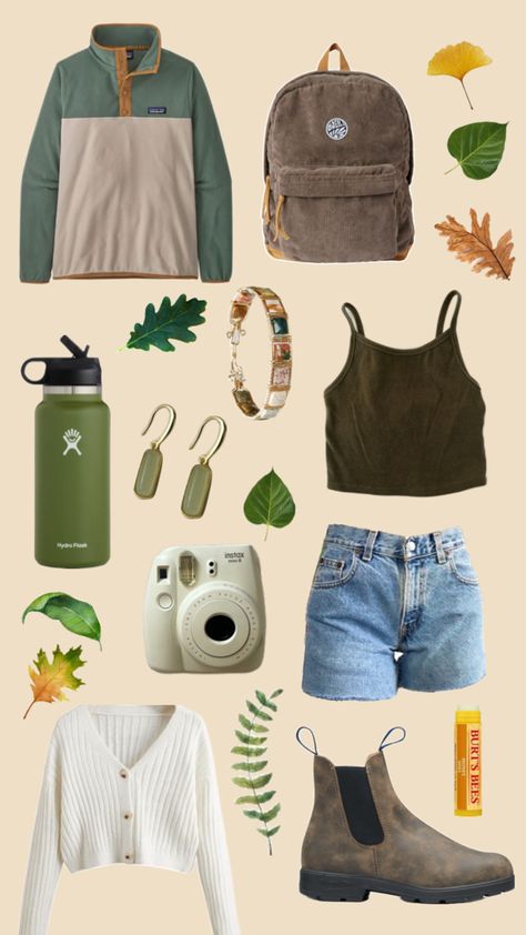 Granola girl aesthetic outfit inspiration, green and tan Patagonia synchilla, brown back pack, leafs, green tank top, jean shorts, blundstone boots, white cardigan, gold camera, green hydro flask, jem jewelry, Burt’s bees chapstick, spring outfits, aesthetic outfit Granola Fashion Outfits, Granola Girl Outfit Summer, Cute Granola Outfits, Granola Aesthetic Outfit, Granola Girl Summer Outfits, Crunchy Outfits, Granola Outfits Summer, Granola Girl Aesthetic Outfits, Cute Hiking Outfits Summer