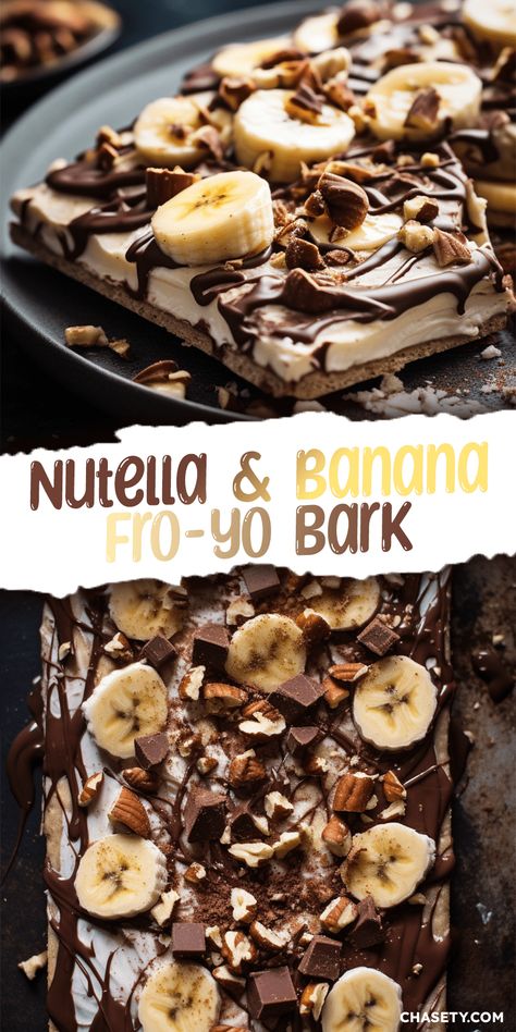 Banana & Nutella Frozen Yogurt Bark [20 Minutes] - Chasety Fruit Yogurt Bark, Healthy Sweet Snacks Store Bought, Peanut Butter Banana Yogurt Bark, Frozen Banana Snacks, Raspberry Yogurt Bark, Yogurt Bark Ideas, Banana Yogurt Bark, Keto Frozen Yogurt Bark, Healthy Nutella Recipes Snacks