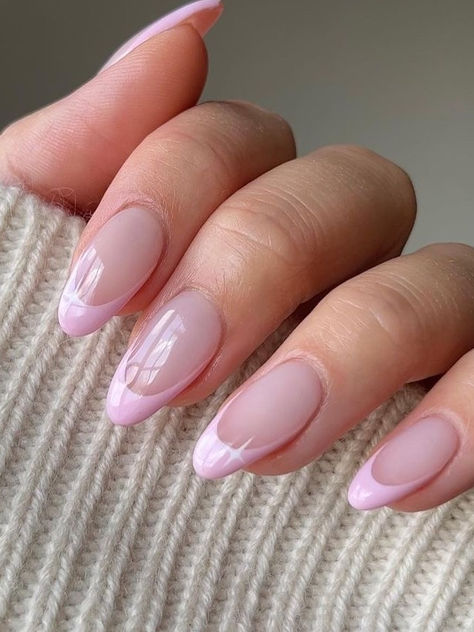 pink French tip nails: baby pink tips with a sparkle Pink Tipped Nails French, Almond Nails With Pink French Tip, Simple Nails Pink French Tip, Pink Tips Nails Almond Shape, Fresh Pink Nails, Soft Pink French Manicure, Pink Style Nails, Natural Acrylic Nails Almond French, Pastel Pink Nails Design Classy