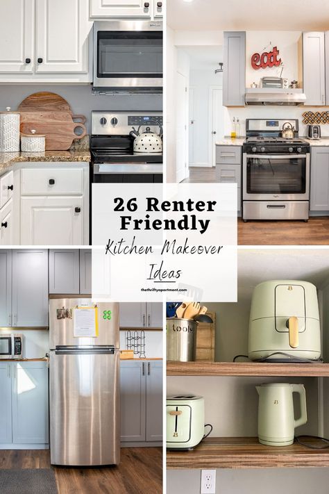 Spice up your kitchen with style and functionality with these quick and easy DIY renter-friendly kitchen makeover ideas that are completely reversible. #kitchenmakeover #renterfriendlykitchenupdates #kitchenapartment Kitchen Cabinet Decal Ideas, Renters Kitchen Ideas, Outdated Kitchen Makeover Rental, Kitchen Appliance Makeover, Ugly Kitchen Decorating Ideas, Renter Friendly Cottage Core, Kitchen Decor Renter Friendly, Small Kitchen Ideas Renter Friendly, Renter Friendly Kitchen Island