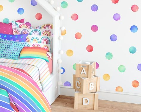 KennaSatoDesigns - Etsy Polka Dot Wall Mural, Rainbow Playroom Wall, Rainbow Decal Kids Room, Rainbow Room Ideas, Rainbow Wall Paint, Polka Dot Accent Wall, Rainbow Room Kids Girl Bedrooms, Rainbow Toddler Room, Rainbow Bedroom Ideas Kids