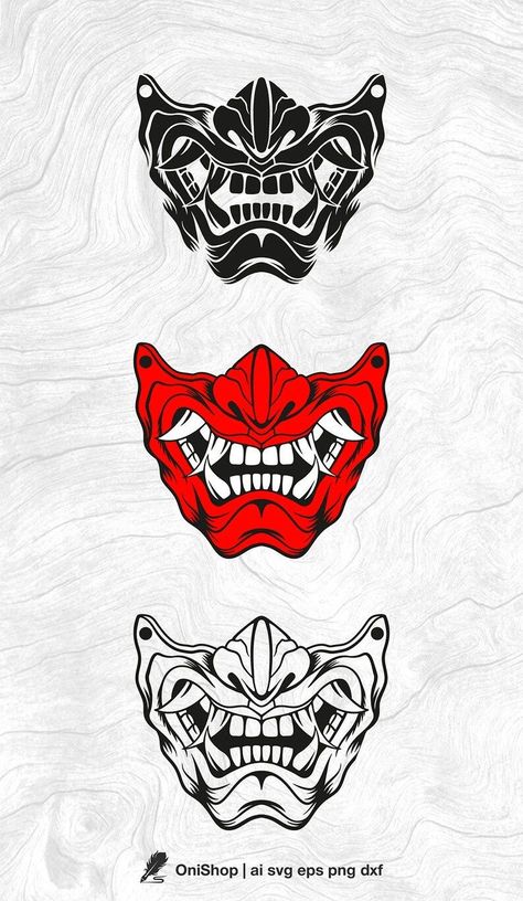 Japanese Art Samurai Oni Mask, Oni Mask Half Face, Omni Mask Japanese Tattoo, Japanese Art Tattoo Ideas, ပုံတူ Tattoo, Japan Mask Art, Oni Mask Logo, Japanese Oni Mask Drawing, Tattoo Mask Japanese