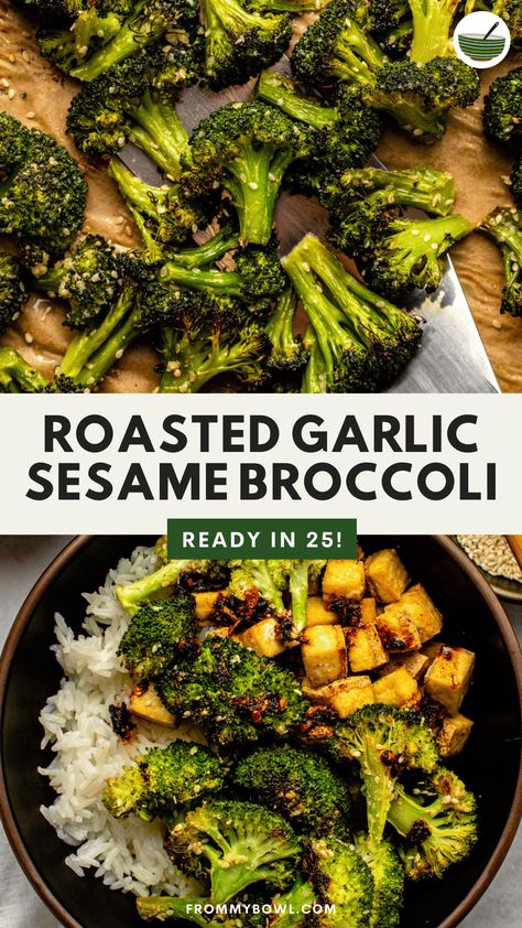 This Roasted Broccoli Recipe tosses broccoli florets in a sesame and garlic marinade before they’re baked to crisp and tender perfection. Enjoy as an exciting side dish or with takeout-inspired meals. Vegan & Gluten-Free. Sesame Broccoli Recipe, Baked Broccoli Recipe, Sesame Broccoli, Broccoli Side Dish, Asian Seasoning, Roasted Broccoli Recipe, Meals Vegan, Garlic Roasted Broccoli, Garlic Broccoli