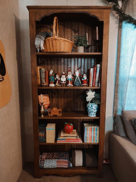 Bridget Jones House, Brown Bookshelf Aesthetic, Cozy Bookcase, Artists Bedroom, Antique Book Shelf, Deep Bookshelf, Hallway Bookshelf, Bookshelf Antique, Cozy Bookshelf