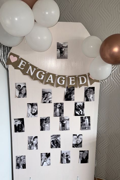 Decorating Ideas For Engagement At Home, Engage Party Ideas, Birthday And Engagement Party, Engagement Party Venue Decorations, Outdoor Engagement Party Ideas Diy, Picture Wall Engagement Party, Engagement Party Table Signs, Engagement Party Home Decorations, Engagement Table Decorations Home