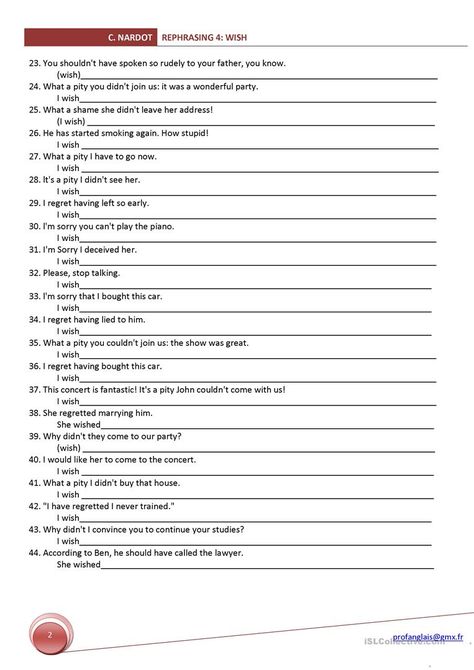 REPHRASING 4: WISH - English ESL Worksheets I Wish Grammar, Wish Grammar, Psychosocial Development, You Are The Father, Social Studies Worksheets, English Phonics, Time Worksheets, Grammar Practice, Grammar Activities