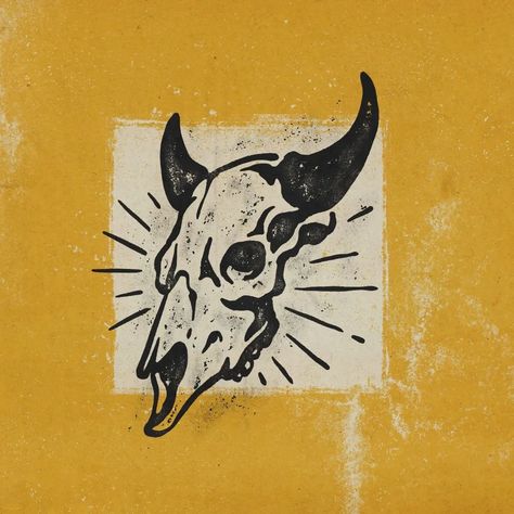 Firman | Vintage Design & Illustration | Cow skull - Feel free to contact me for freelance project 📧 nonsixtydesign@gmail.com - ©️ 2023 NONSIXTY . . . . . . #distressedunrest… | Instagram Vintage Cactus Illustration, Animal Heads Drawing, Western Lino Print, American Traditional Longhorn Tattoo, Cow Skull Illustration, Country Flash Tattoo, American Traditional Buffalo, Long Horn Skull Drawing, Stamp Art Ideas