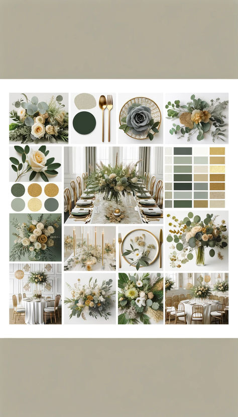 Elegant sage green and gold wedding decor, blending lush foliage with luxurious accents. #WeddingDecor Outside Sage Green Wedding, Army Green And Beige Wedding, Olive And Gold Wedding Decor, Sage Gold Black Wedding, Champagne Green Black Wedding, Sage Green And Gold Wedding Flowers, White Green Gold Wedding Table Decor, White And Green And Gold Wedding, Sage Green Mountain Wedding