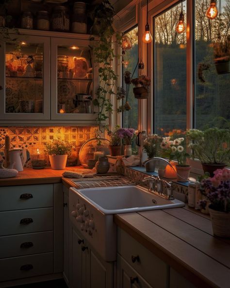 Living In A Cottage, Cute Cottage Kitchen Ideas, Rustic Bright Kitchen, Simple Living Kitchen, Cottage Core House Interior Bedroom, Little Cottage House Interior, Cooking Kitchen Aesthetic, Vintage Cozy Home, Cool House Interior