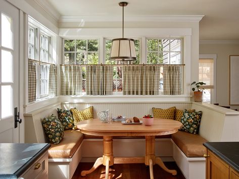 A Flying Whale Greets Everyone At This Marin Storybook Cottage Kitchen In The Front Of The House, Galley Kitchen Banquette Seating, Interior Window Kitchen, Kitchen Booth Design, Useful Kitchen Ideas, Cottage Banquette, Dining Room In Kitchen Ideas, Kitchen Bench Nook, U Shaped Breakfast Nook