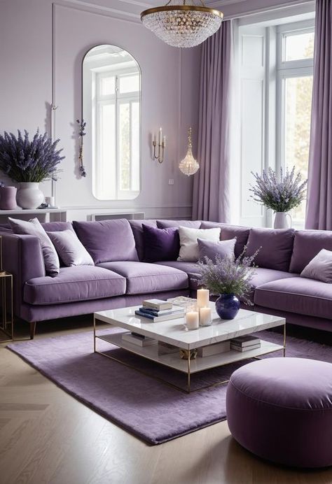 Lavender Velvet Sofa, Home Decor Purple, Purple Home Decor Living Room, Purple Accent Living Room, Purple Furniture Living Room, Purple Interior Design Living Room, Bloxburg Challenges, Grey And Lavender Living Room, Purple Apartment Decor