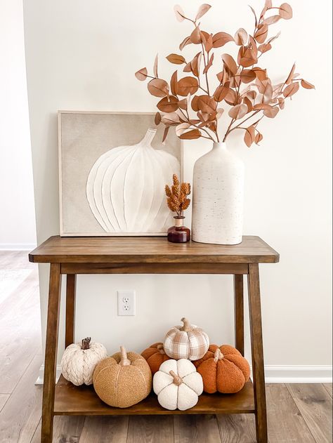 White Vase Fall Decor, Neutral Fall Decor With Pops Of Orange, Neutral Side Table Decor, Fall Night Stand Decor, Fall Decor Elegant, Autumn Vase Decor, Fall Decor On Shelves, Side Table Fall Decor, Fall Hallway Decor