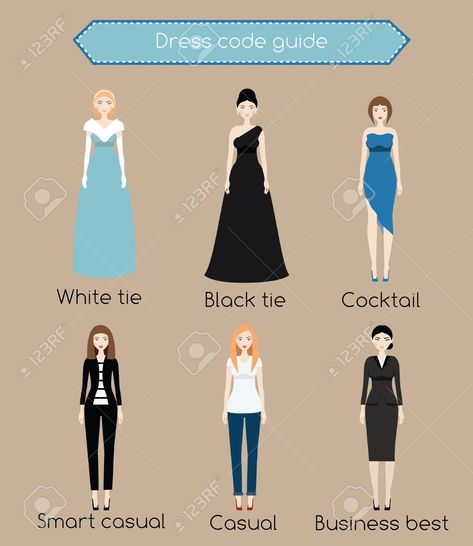 Woman dress code guide infographic. From white tie to business casual. Female in different types of dress and clothes Stock Vector - 67522981 White Tie Dress Code, Dress Code For Women, Dress Code Guide, Dress Etiquette, Guide Infographic, White Tie Dress, Dress Code Outfits, Business Dress Code, Cocktail Dress Code