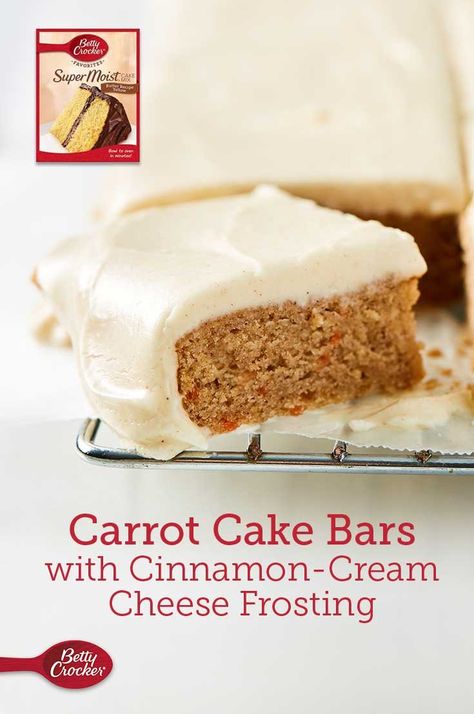 Carrot Cake Box Mix Bars, Carrot Cake Mix Bars, Carrot Cake Using Yellow Cake Mix Boxes, Recipes Using Carrot Cake Mix Boxes, Carrot Cake Box Recipe, Box Mix Carrot Cake Recipes, Carrot Cake Bars Box Cake, Carrot Cake Mix Ideas, Betty Crocker Carrot Cake Mix Recipes