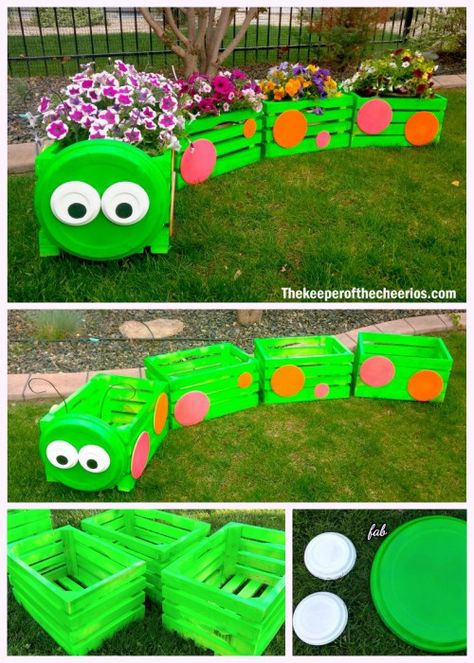 Diy Caterpillar, Train Planter, Outdoor Play Areas, نباتات منزلية, Diy Playground, Kids Outdoor Play, School Garden, Backyard Playground, Crate Training