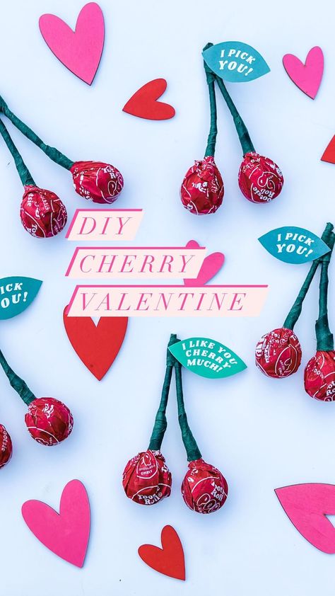 The cutest DIY Cherry Valentines 🍒 Supplies Red tootsie pops (2 per cherry) Floral tape Premade cherry leaves (see link below for… | Instagram Cherry Valentine, Cherry Leaves, Tootsie Pops, Tootsie Roll Pops, Cherry Leaf, Tootsie Pop, Tootsie Roll, Paper Glue, Floral Tape