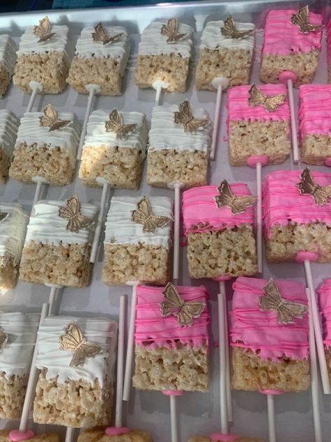 Treat Party Table, Sweets Treats Table, Decorating Rice Crispy Treats, Butterfly Birthday Party Treats, Purple Butterfly Desert Table, Sweet 16 Birthday Treats, Sweet 15 Treat Table, Diy Rice Crispy Treats Dipped, Butterfly Theme Snacks