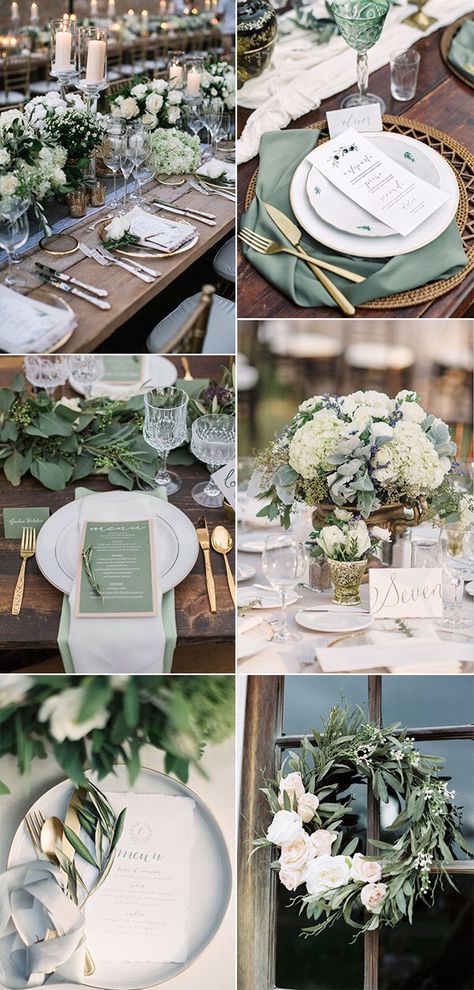 Sage Green Wedding Ideas, Green Wedding Ideas, Sage Green Wedding Colors, Green Wedding Decorations, Rustic Wedding Decorations, Green Themed Wedding, Gold Cutlery, Green Wedding Colors, Winter Wedding Colors