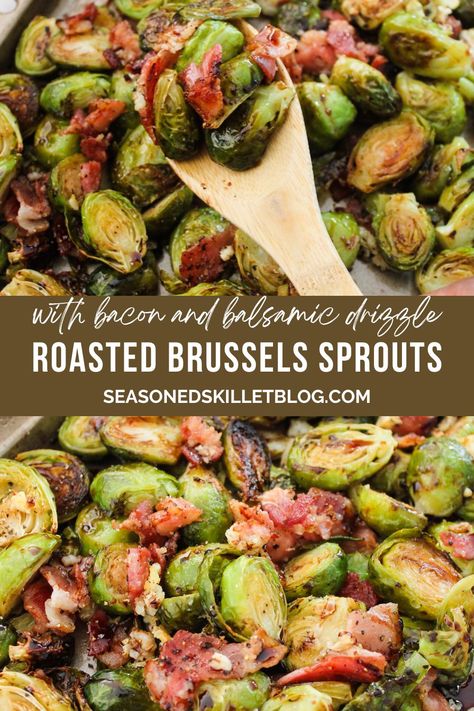 Roasted Brussels Sprouts with Bacon are the perfect side dish for the Thanksgiving and Christmas holidays! The caramelized roasted brussels sprouts, savoury bacon, and tangy balsamic vinegar provide a mouthwatering, irresistible flavour. Make this quick and easy recipe in about 30 minutes. Brussels Sprouts With Bacon And Balsamic, Roasted Brussel Sprouts With Balsamic, Balsamic Glaze Brussel Sprouts, Roasted Brussel Sprouts Oven, Roasted Brussels Sprouts With Bacon, Balsamic Brussel Sprouts, Crispy Brussels Sprouts, Vegetable Salads, Brussels Sprouts With Bacon