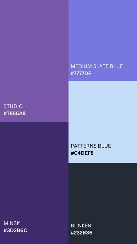 Dark Purple And Light Blue Wedding Color Palettes, Purple Blue White Color Palette, Purple And Teal Palette, Violet Blue Color Palette, Blue Purple Colour Palette, Navy And Purple Color Palette, Purple And Blue Colour Palette, Purple Color Pallettes, Canva Gradient Elements