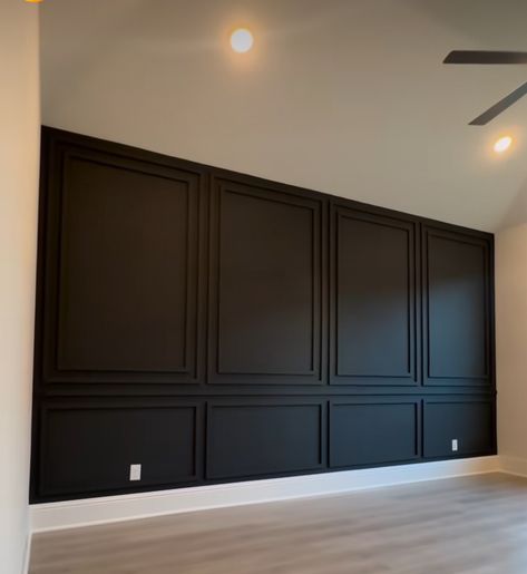 Modern Farmhouse Paneling, Black Walls White Doors, Black Wainscoting White Trim, Black Wall Wainscoting, Wall Molding Black, Paint Paneling Walls Black, Black Painted Wood Paneling, Black Box Trim Wall, Paneling On Vaulted Ceiling