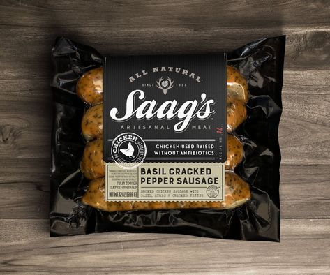 Saag's Artisan Meats on Packaging of the World - Creative Package Design Gallery #packagingandlabeldesign #packaging #and #label #design Meat Branding, Meal Packaging, Sausages Packaging, Frozen Food Packaging, Brand Packaging Design, Meat Packing, Chicken Apple Sausage, Premium Meat, Film Paper