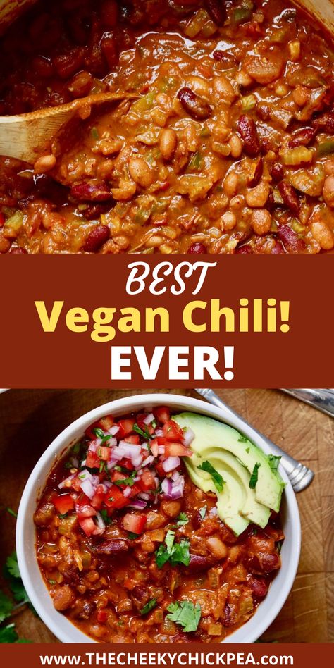 This Vegan Chili Recipe is the BEST, it's quick and easy, healthy and has the best flavour. It ticks all the boxes, savoury, spicy, sweet and tangy. It’s the ultimate comfort food and it’s gluten free! Add your favourite vegan ground beef (beyond, impossible or gardein) or tofu crumbles! #cheeky_chickpea_ #chili #veganrecipes #plantbased Vegan Chilli Recipe, Vegan Chili Crockpot, Tofu Crumbles, Best Vegan Chili, Vegan Chili Recipe, Vegan Chilli, Vegan Ground Beef, Vegan Crockpot, Chickpea Chili