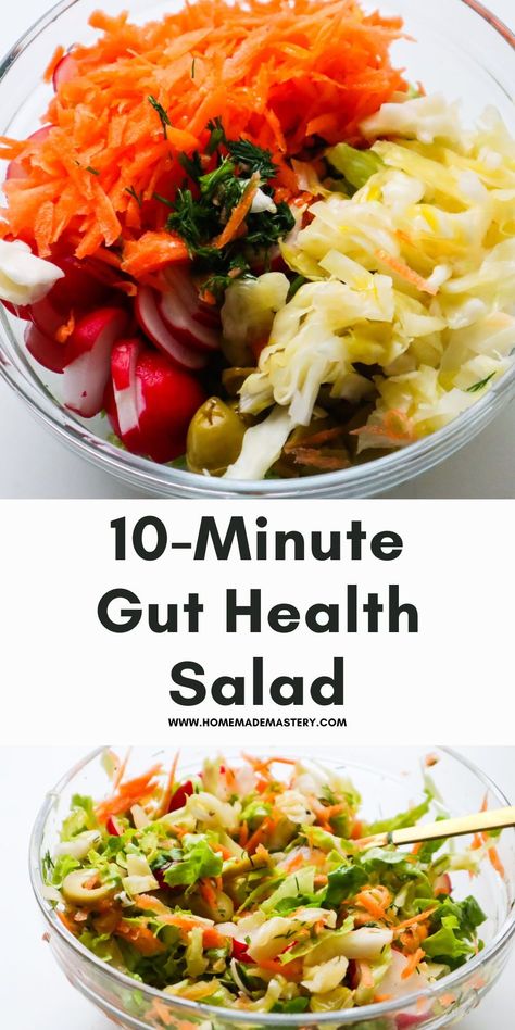 You'll appreciate this easy salad for gut health! Made with healthy vegetables like lettuce, carrots, radishes and sauerkraut, it's full of fiber, essential vitamins and minerals, antioxidants as well as pre-and probiotics that can help restore your gut microbiome! Salad For Gut Health, Healthy Gut Foods Recipes, Improve Gut Health Diet, Gut Health Diet Recipes Dinner, Healthy Gut Salad, Gut Healthy Vegetables, Clean Gut Recipes, Diet For Gut Health, Macrobiotic Diet Recipes