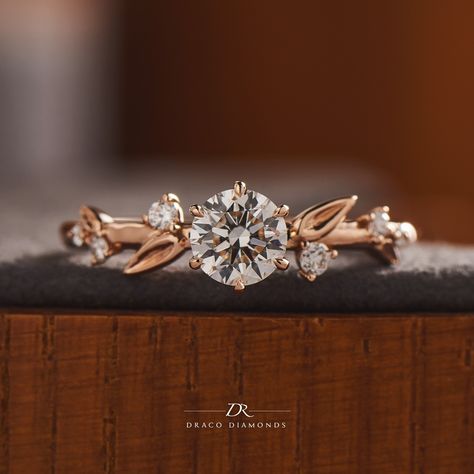 Flower Themed Engagement Rings, Diamond Flower Ring Engagement, Leaf Design Engagement Ring, Asian Engagement Ring, Flower Engagement Ring Floral Design, Engagement Rings With Leaves, Round Brilliant Engagement Rings, Engagement Rings Floral, Floral Wedding Rings