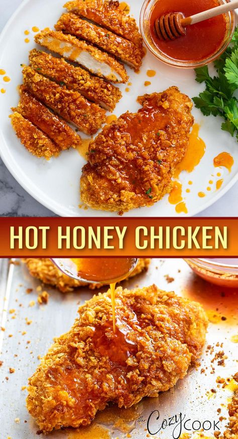 This Hot Honey Chicken is oven baked to crispy perfection and drizzled with sweet and spicy Hot Honey Sauce! This is an easy dinner idea for kids and adults and pair well with rice! Dinner Idea For Kids, Honey Chicken Breast, Hot Honey Sauce, Honey Baked Chicken, Hot Honey Recipe, Hot Honey Chicken, Honey Chicken Recipe, Cozy Cook, Simple Cookie