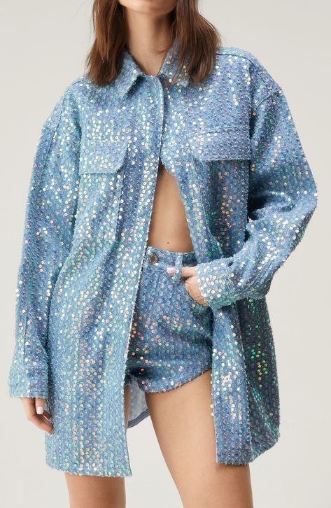 NASTY GAL Sequin Denim Oversize Snap-Up Shirt available at #Nordstrom Sequence Outfits, Upcycling Clothes, Denim Skirt Outfits, Cowboy Outfits, Denim Chic, Embroidery On Clothes, Sequin Jacket, Wardrobe Outfits, Fashion Pieces