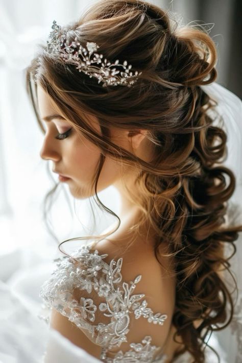 Bridal Hair Ideas Half Up Half Down, Hair Up And Down Wedding, Bride Hairstyles Half Up Half Down Tiara, Wedding Hair With Tiara And Veil Half Up, Long Hairstyles For Brides With Veil, Bridal Hair Styles With Tiara, Long Hair Wedding Styles With Tiara, Wedding Hair Styles With Tiara, Wedding Crown Hairstyles Brides