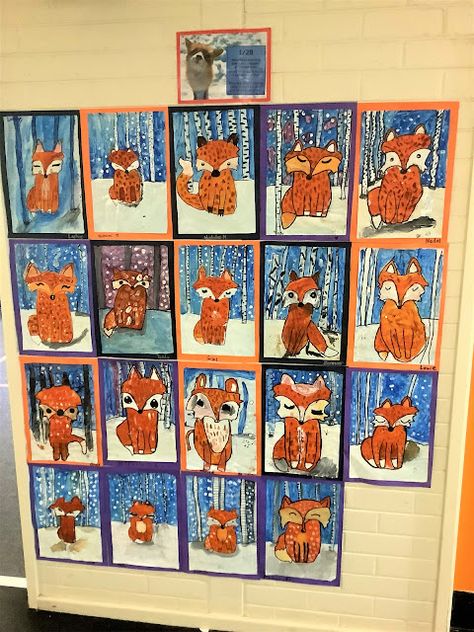 Grade 2 Christmas Art Ideas, Fox Winter Art, Winter Art Lessons Kindergarten, Art Projects For Grade 1 And 2, Winter Art Class Ideas, 2nd Grade Art Lessons Winter, Winter Themed Art Lessons, Christmas Animal Crafts, February Art Projects For Kids Elementary