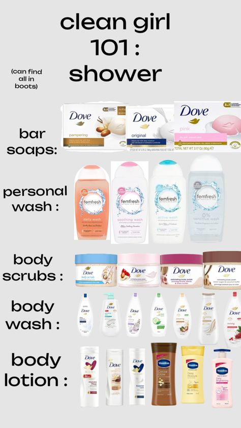 #cleangirl #boots #dove sorry if the pictures messy i tried to make them as neat as possible ☺️ Best Shower Routine To Smell Good, Best Bath Routine, Dove Self Care, Dove Skin Care Products, Dove Aesthetic Products, Dove Shower Routine, Body Care Essentials, Dove Body Wash, Shower Products