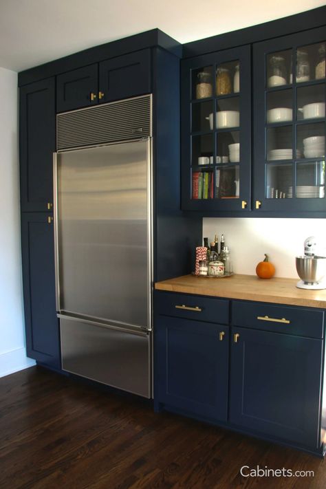 Blue Cabinets Butcher Block Counter, Blue Cabinets With Butcher Block, Kitchen With Butcher Block Counters, Framed Cabinets, Navy Kitchen Cabinets, Kitchen Cabinet Liners, Navy Blue Kitchen Cabinets, Navy Cabinets, Dreamy Kitchens