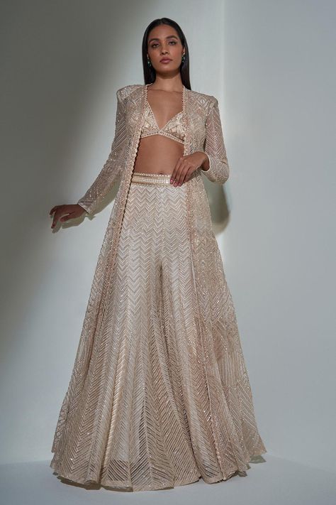 Buy Gold Net Embroidery Bead V Neck Full Sleeves Jacket And Sharara Set For Women by Ritika Mirchandani Online at Aza Fashions. Ritika Mirchandani, Function Dresses, Net Embroidery, Trendy Outfits Indian, Indian Outfits Lehenga, Indian Bride Outfits, Traditional Indian Dress, Beads Embroidery, Cocktail Outfit