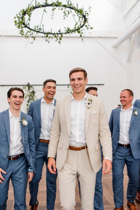 Men’s Wedding Suits Neutral, Light Blue And Khaki Wedding, Groomsmen Ideas Attire, Mens Engagement Photo Outfits Fall, Mexican Wedding Groomsmen, Beige Suit Men Wedding, Floral Groomsmen Attire, Groomsmen Light Blue, Colorful Groomsmen