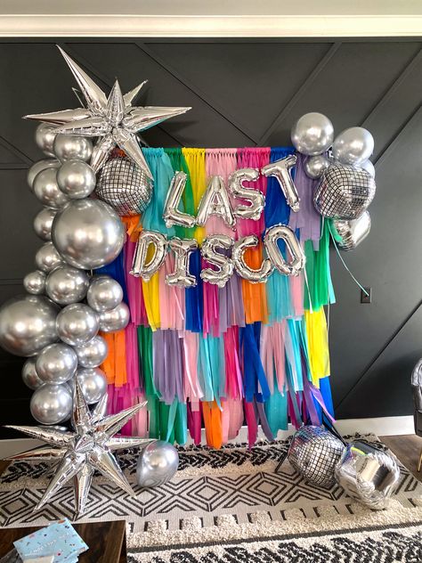 Disco Photo Backdrop, Disco Theme Bachelorette Party, Theme Bachelorette Party, Disco Theme Party, Prom Backdrops, Decade Party, Homecoming Themes, College Grad Party, 70’s Disco